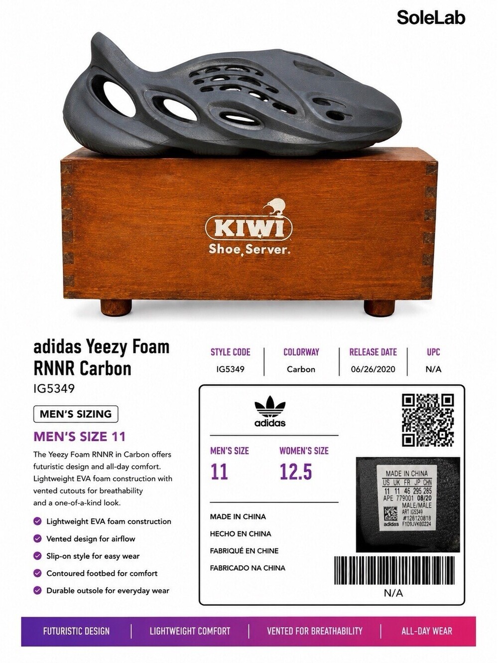 adidas Yeezy Foam RNNR Carbon Sz 11 Men’s Shoes Clogs IG5349 Pre-Owned No Box